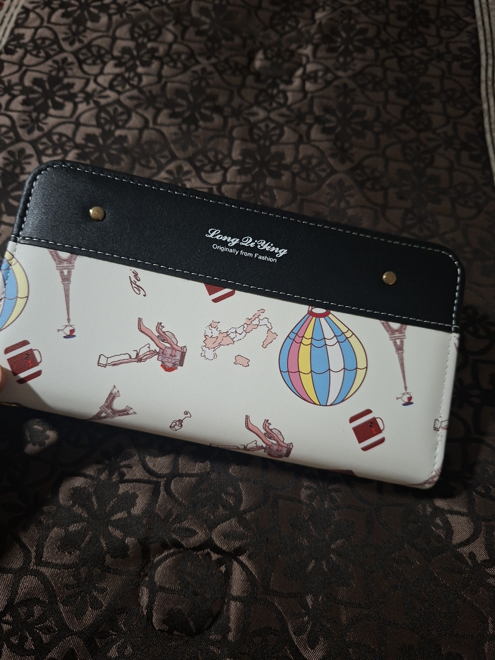 Long D'Ving White Printed Zip Wallet with Black Trim